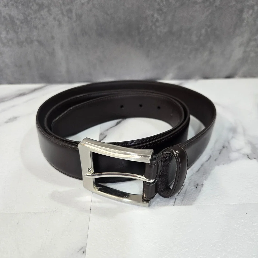 KM Legend Mens 46 Black Leather Dress Belt Silver Buckle Work Formal Classic